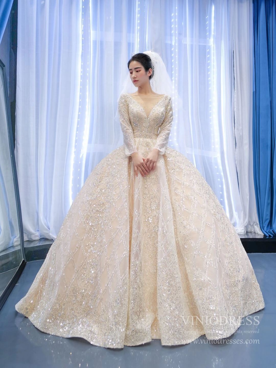 Sparkly Champagne Wedding Dresses with Long Sleeve VW1787 Viniodress Sparkly Champagne Wedding Dresses with Long Sleeve VW1787 Viniodress