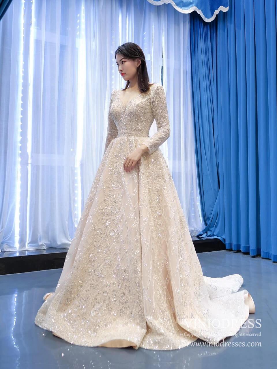 Sparkly Champagne Wedding Dresses with Long Sleeve VW1787-wedding dresses 2025 -Viniodress-Champagne-Custom Size-