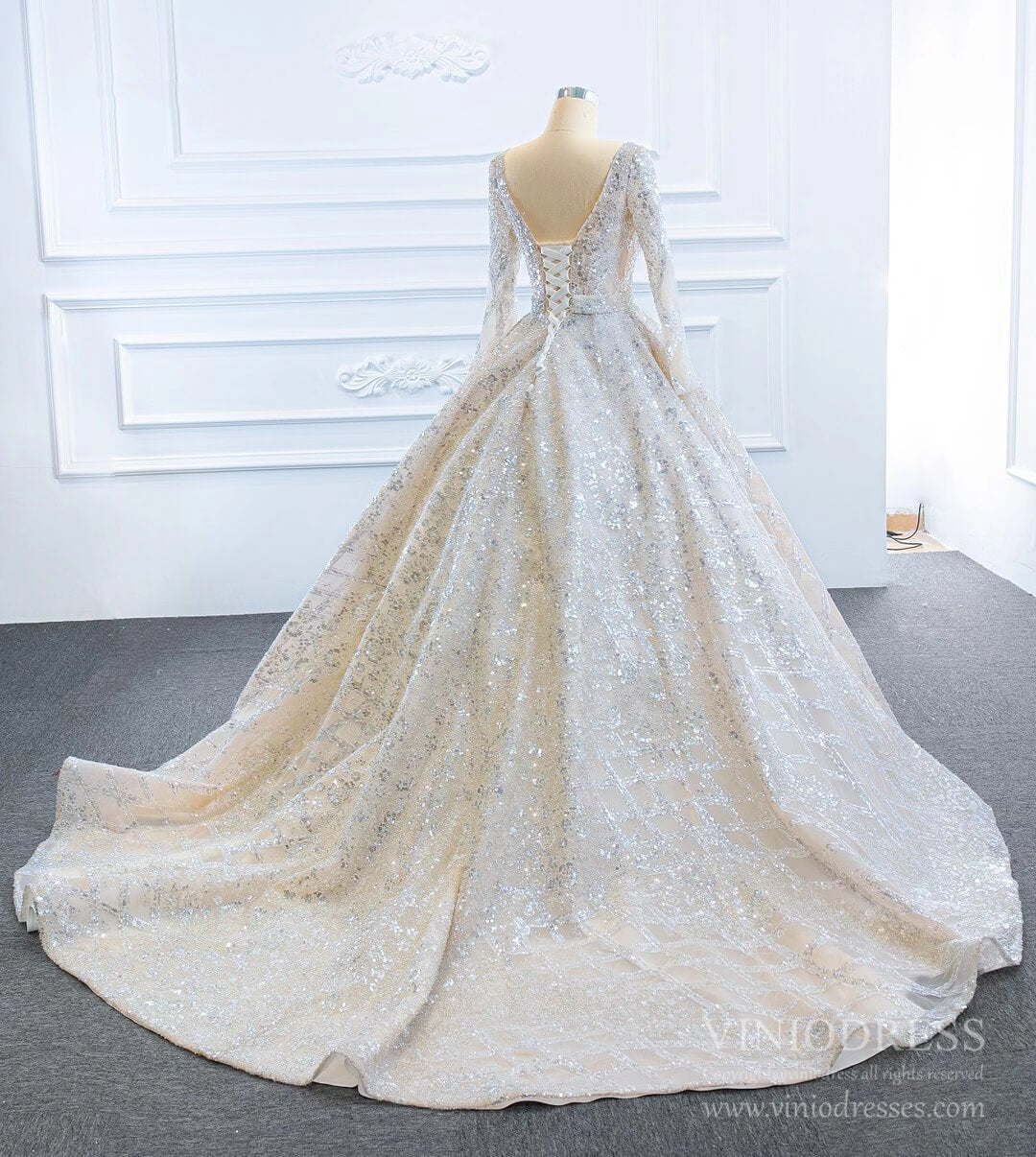 Sparkly Champagne Wedding Dresses with Long Sleeve VW1787-wedding dresses 2025 -Viniodress-Champagne-Custom Size-