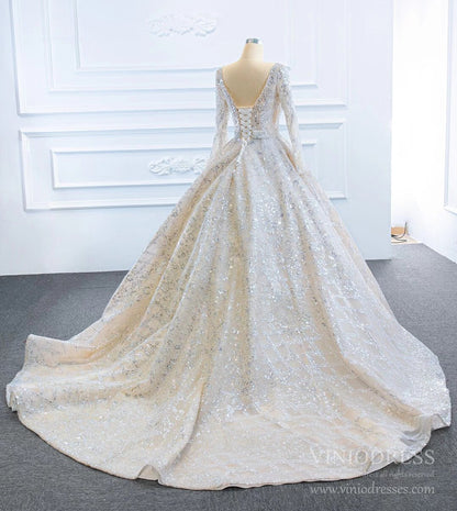 Sparkly Champagne Wedding Dresses with Long Sleeve VW1787-wedding dresses 2025 -Viniodress-Champagne-Custom Size-