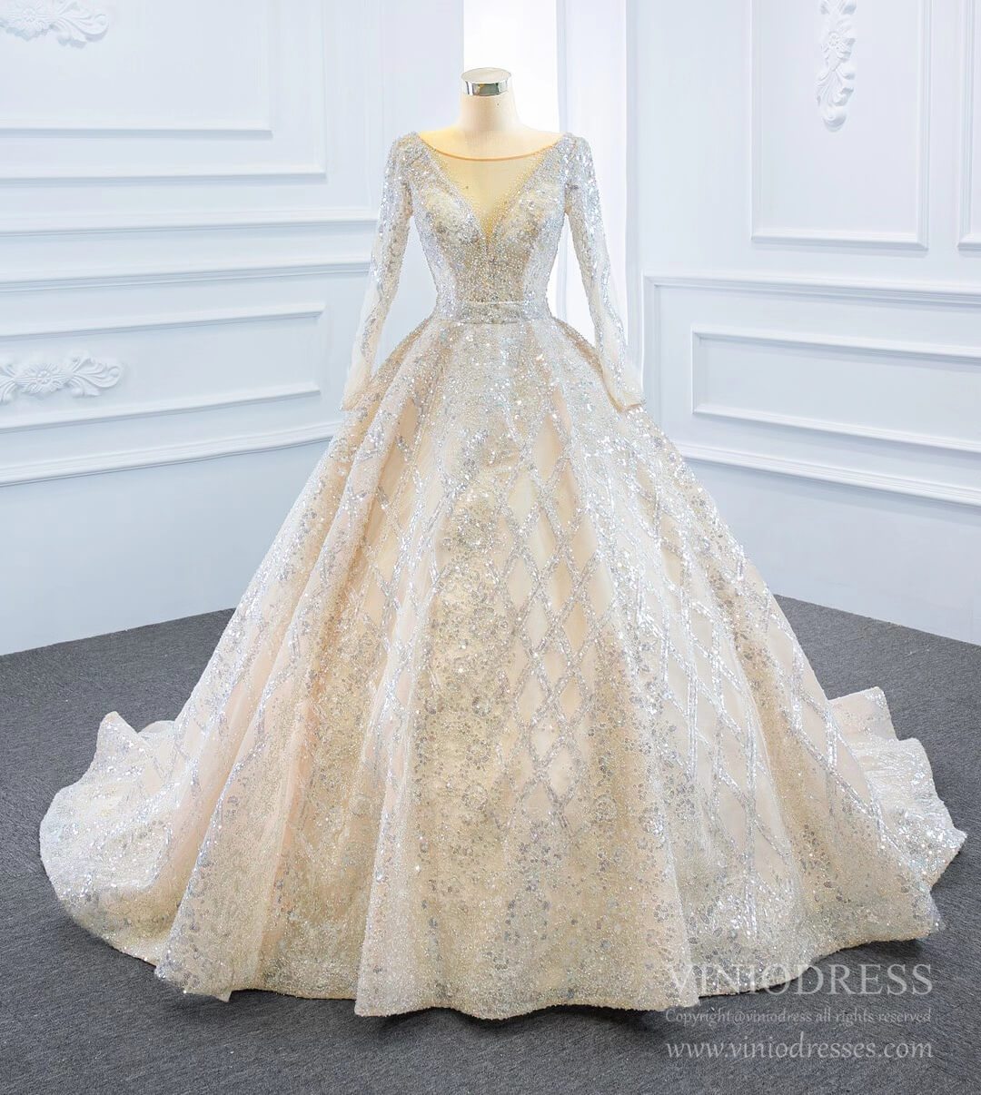 Sparkly Champagne Wedding Dresses with Long Sleeve VW1787-wedding dresses 2025 -Viniodress-Champagne-Custom Size-
