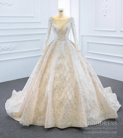 Sparkly Champagne Wedding Dresses with Long Sleeve VW1787-wedding dresses 2025 -Viniodress-Champagne-Custom Size-