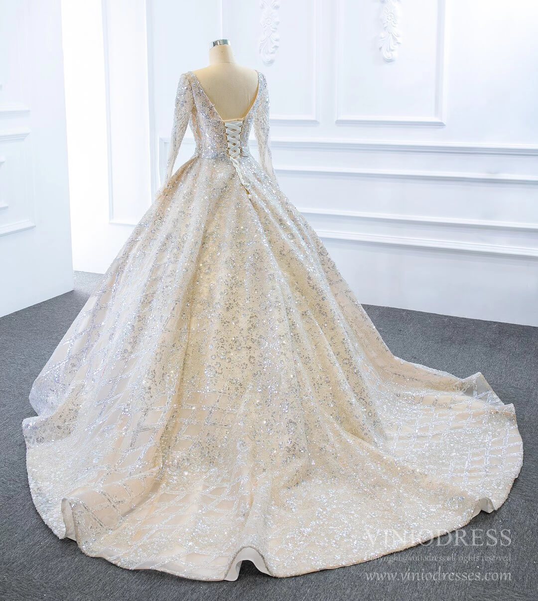 Sparkly Champagne Wedding Dresses with Long Sleeve VW1787-wedding dresses 2025 -Viniodress-Champagne-Custom Size-