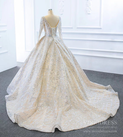 Sparkly Champagne Wedding Dresses with Long Sleeve VW1787-wedding dresses 2025 -Viniodress-Champagne-Custom Size-