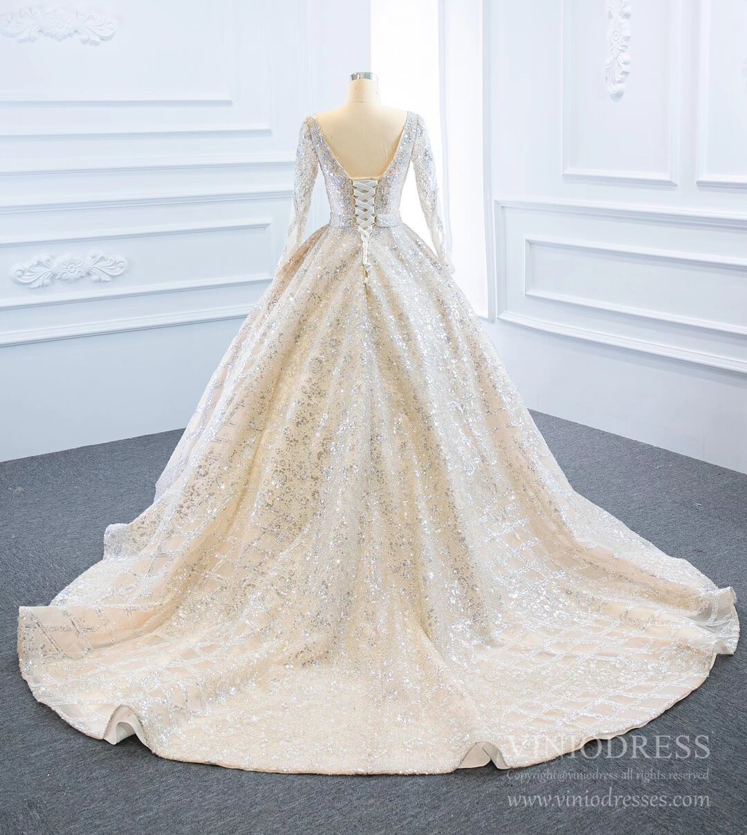 Sparkly Champagne Wedding Dresses with Long Sleeve VW1787 Viniodress Sparkly Champagne Wedding Dresses with Long Sleeve VW1787 Viniodress