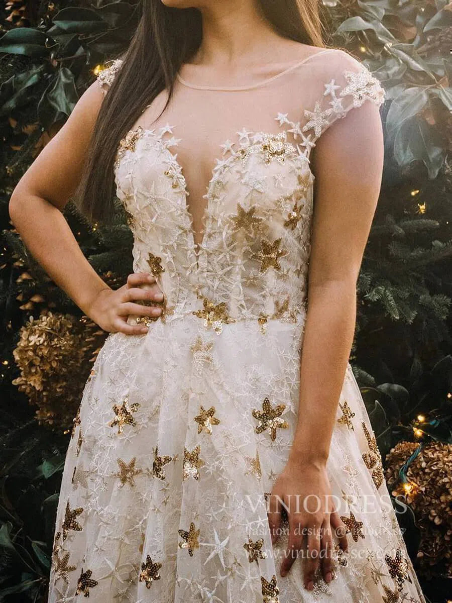Sparkly Chic Star Sequin Lace Gold Prom Dresses Long Cap Sleeves FD1748-prom dresses 2025 -Viniodress-Champagne-Custom Size-