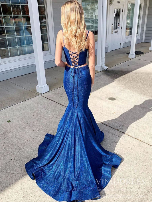Sparkly Classic Blue Mermaid Prom Dresses Two Piece Spaghetti Strap Formal Dress FD2040-prom dresses 2025 -Viniodress-Royal Blue-Custom Size-