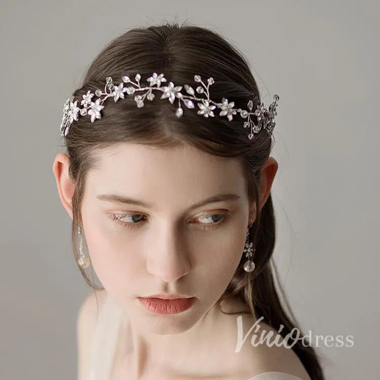 Sparkly Crystal Petals Silver Bridal Headband ACC1112-Headpieces 2025 -Viniodress-Silver-