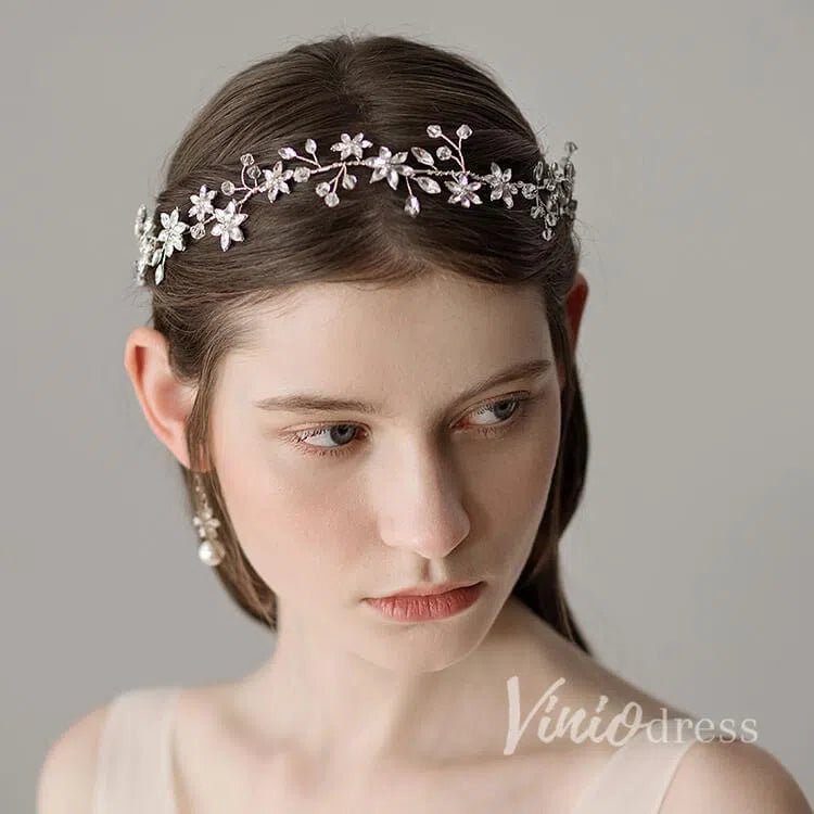 Sparkly Crystal Petals Silver Bridal Headband ACC1112-Headpieces 2025 -Viniodress-Silver-