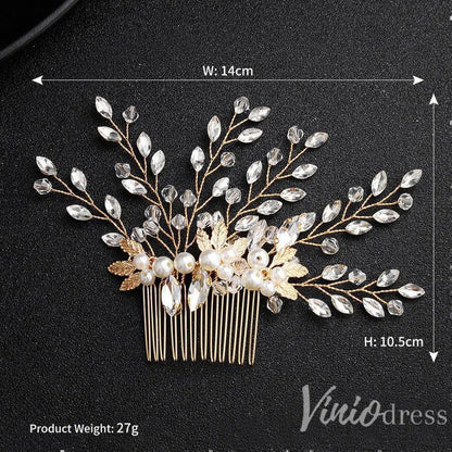 Sparkly Crystal Sprig Gold Wedding Comb with Pearl ACC1156-Headpieces 2025 -Viniodress-Gold-