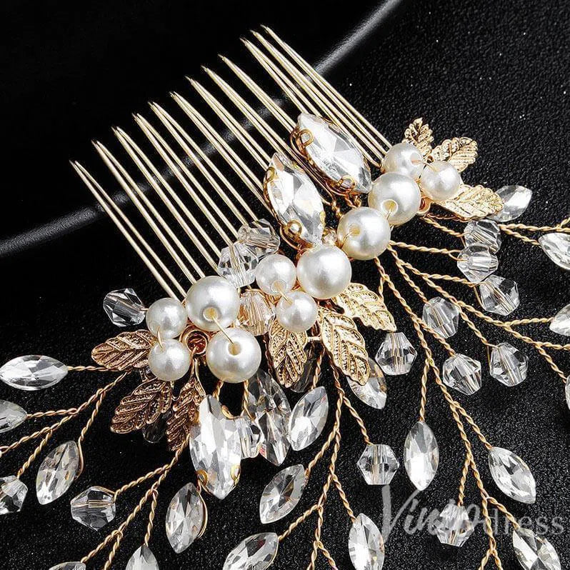 Sparkly Crystal Sprig Gold Wedding Comb with Pearl ACC1156-Headpieces 2025 -Viniodress-Gold-