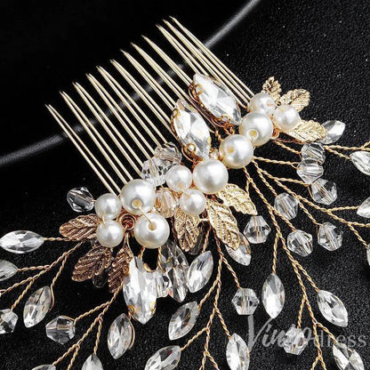 Sparkly Crystal Sprig Gold Wedding Comb with Pearl ACC1156-Headpieces 2025 -Viniodress-Gold-