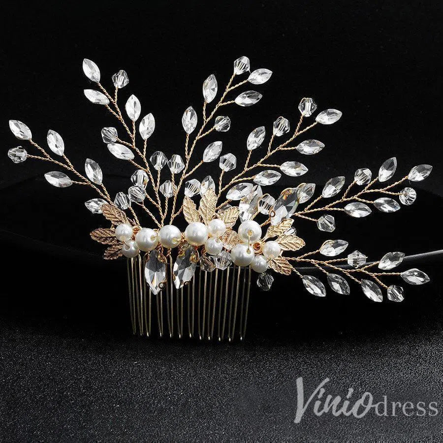 Sparkly Crystal Sprig Gold Wedding Comb with Pearl ACC1156-Headpieces 2025 -Viniodress-Gold-