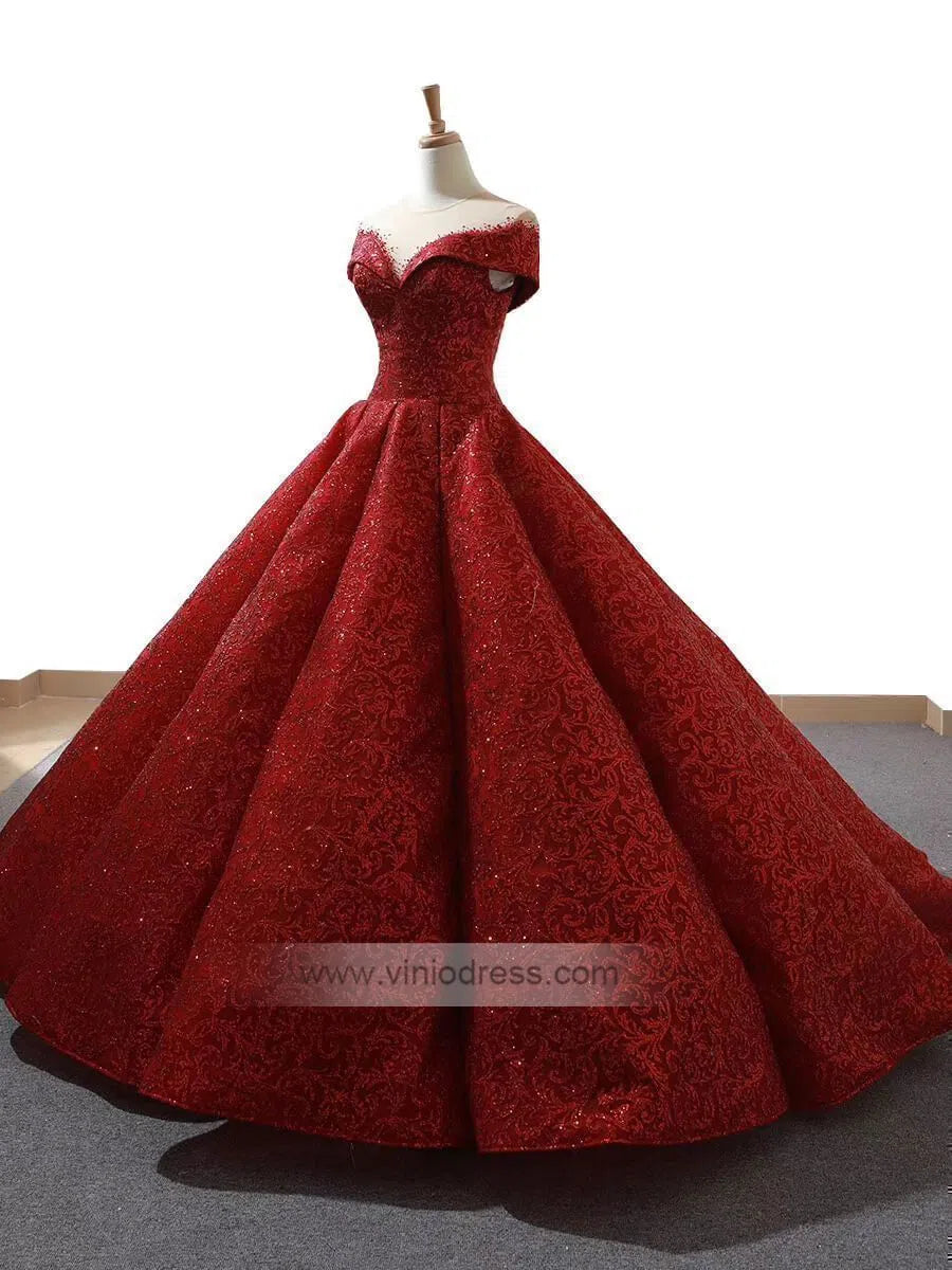 Sparkly Dark Red Prom Dresses Cap Sleeve Quinceanera Princess Dress FD1099 viniodress-prom dresses-Viniodress-Viniodress