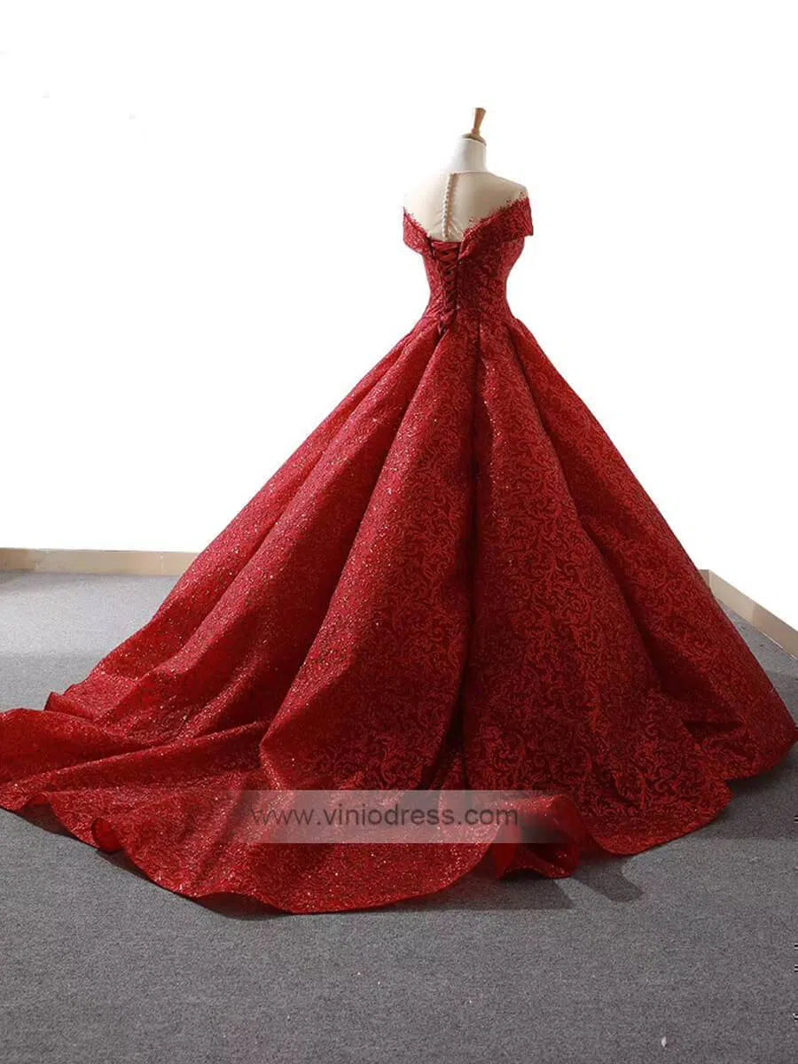 Sparkly Dark Red Prom Dresses Cap Sleeve Quinceanera Princess Dress FD1099 viniodress-prom dresses-Viniodress-Viniodress