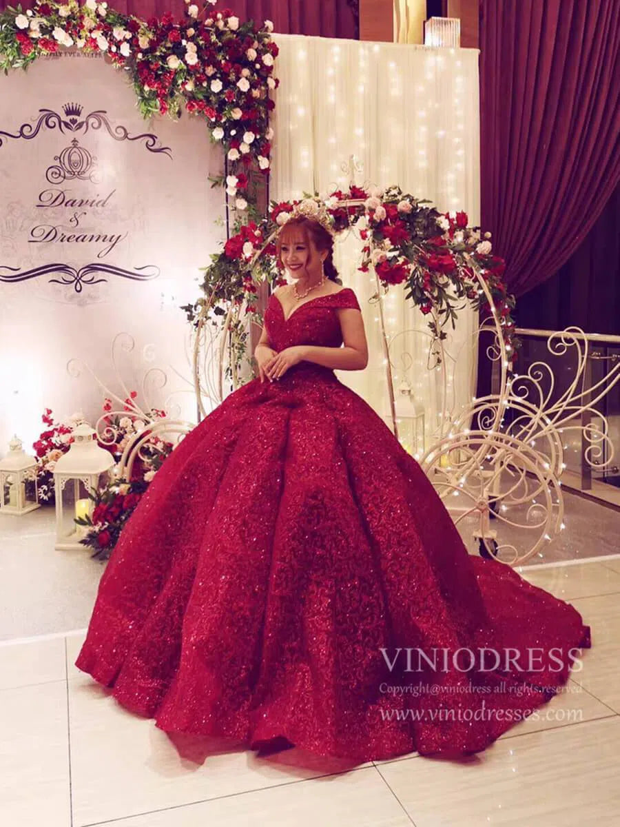 Sparkly Dark Red Prom Dresses Cap Sleeve Quinceanera Princess Dress FD1099 viniodress-prom dresses-Viniodress-Viniodress