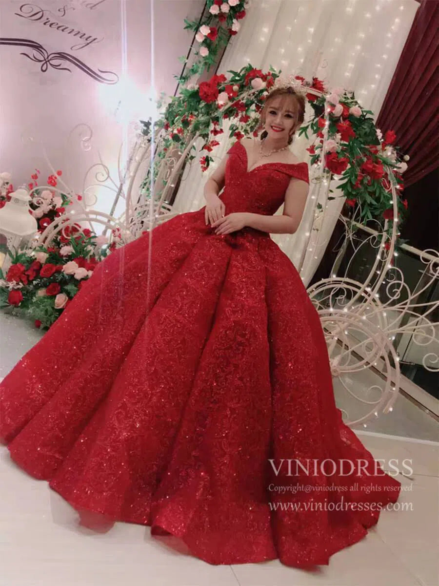 Sparkly Dark Red Prom Dresses Cap Sleeve Quinceanera Princess Dress FD1099 viniodress-prom dresses-Viniodress-Viniodress