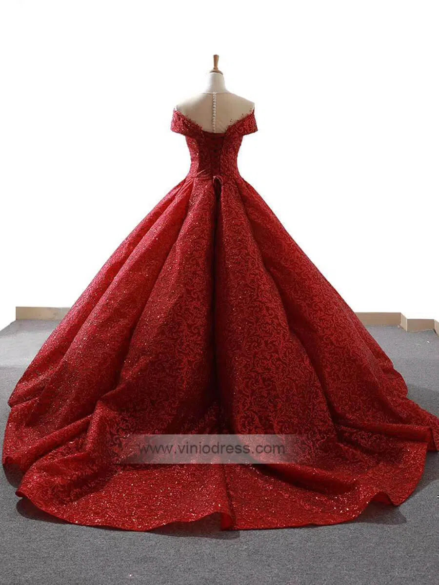 Sparkly Dark Red Prom Dresses Cap Sleeve Quinceanera Princess Dress FD1099 viniodress-prom dresses-Viniodress-Viniodress