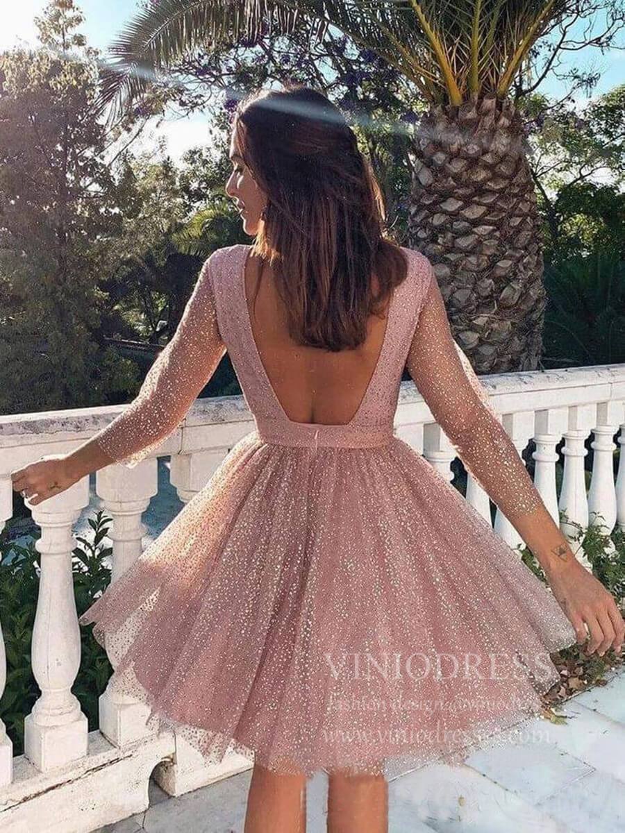 Short Prom Dresses 2025 Sparkly Dusty Rose Tulle Homecoming Dresses with Long Sleeves SD1246-homecoming dresses-Viniodress-Backless-Dusty Rose-Custom Size-Viniodress