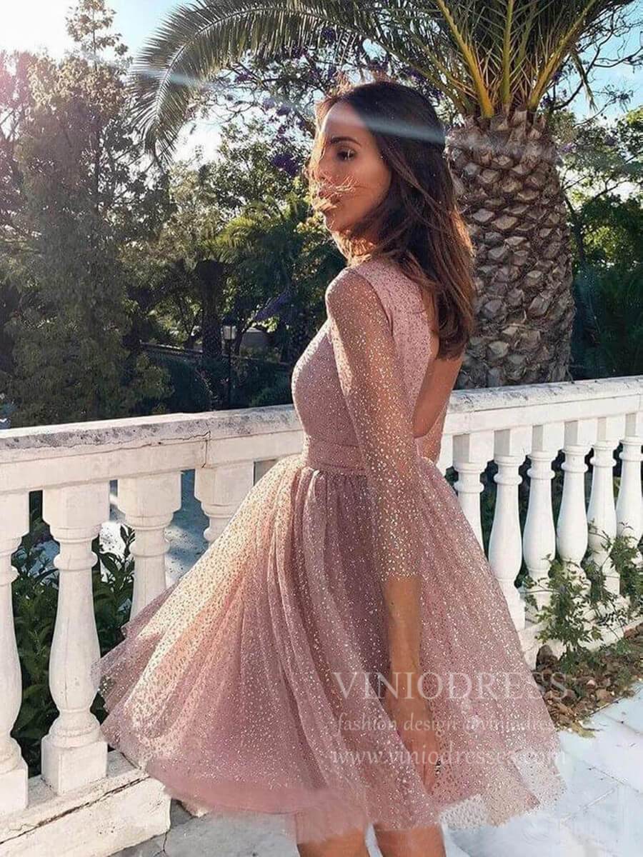 Short Prom Dresses 2025 Sparkly Dusty Rose Tulle Homecoming Dresses with Long Sleeves SD1246-homecoming dresses-Viniodress-Backless-Dusty Rose-Custom Size-Viniodress