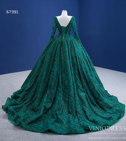 Sparkly Emerald Green Wedding Dress Long Sleeve Formal Gown 67391 viniodress-Quinceanera Dresses 2025 -Viniodress-Emerald Green-Custom Size-