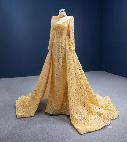 Sparkly Gold High Neck Prom Dresses with Long Sleeves 67271 viniodress-prom dresses 2025 -Viniodress-Gold-Custom Size-