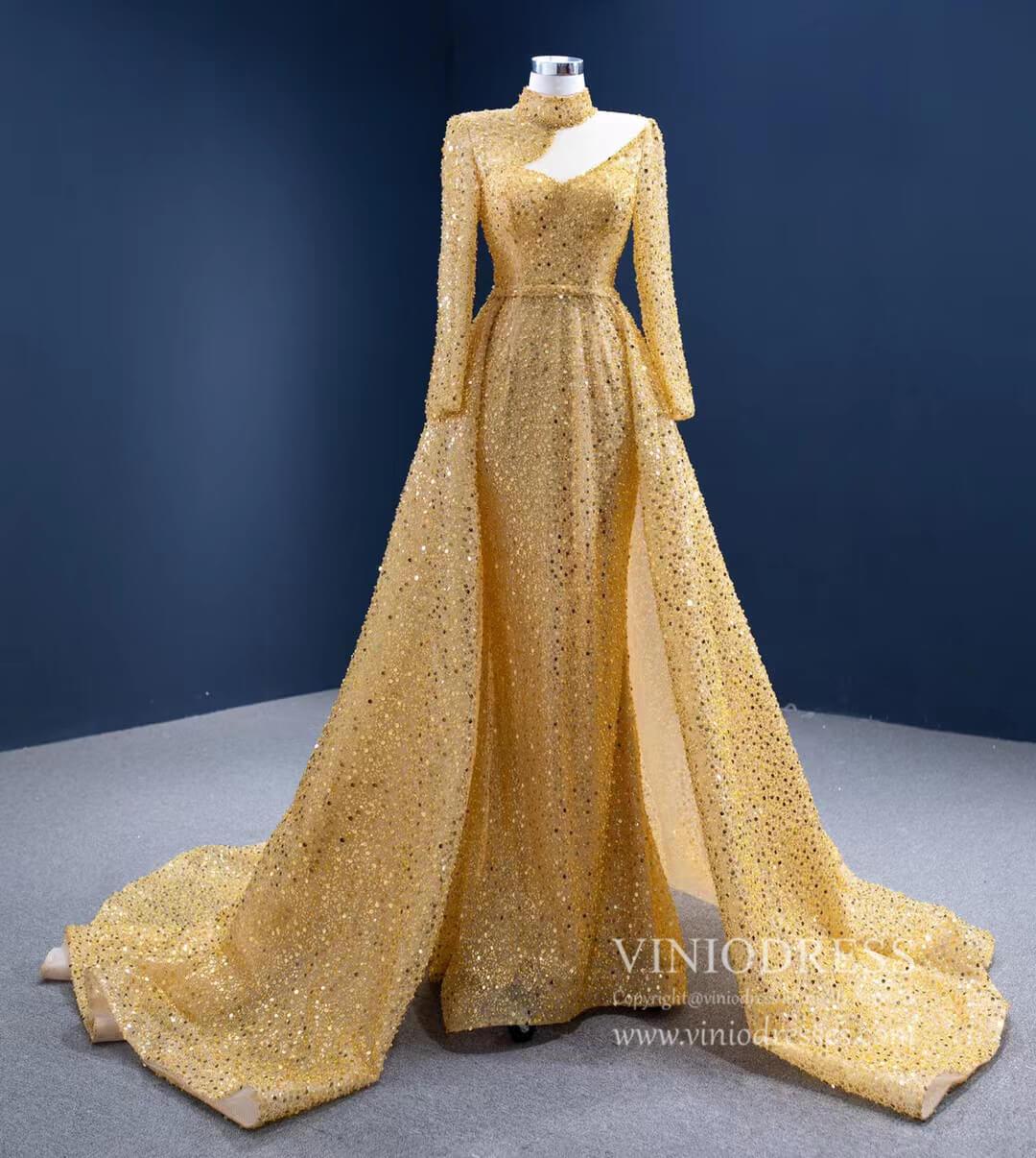 Sparkly Gold High Neck Prom Dresses with Long Sleeves 67271 viniodress-prom dresses 2025 -Viniodress-Gold-Custom Size-