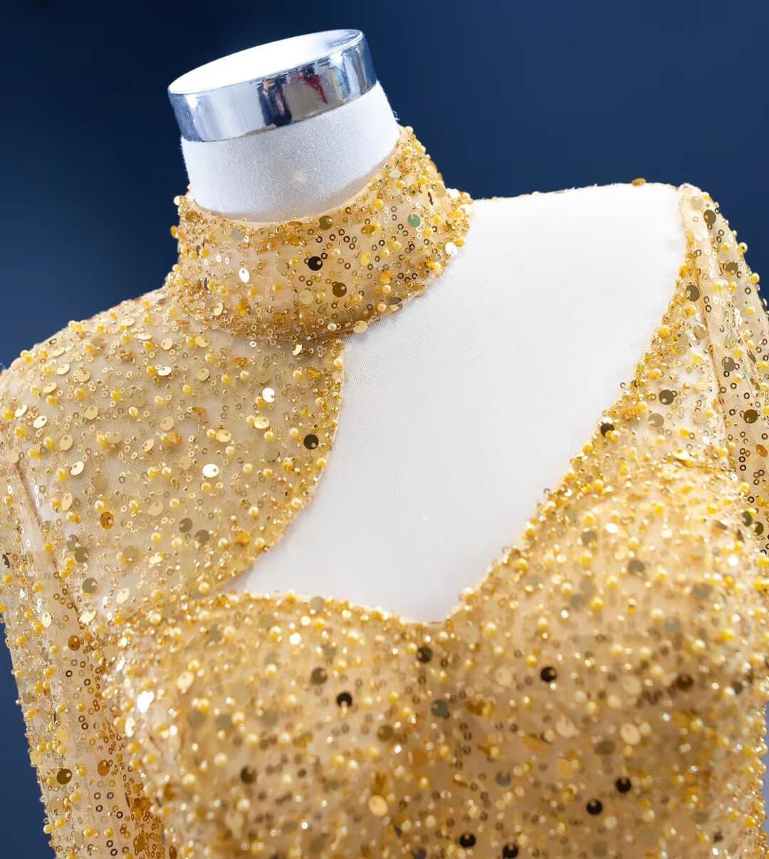 Sparkly Gold High Neck Prom Dresses with Long Sleeves 67271 viniodress-prom dresses 2025 -Viniodress-Gold-Custom Size-