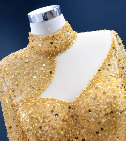 Sparkly Gold High Neck Prom Dresses with Long Sleeves 67271 viniodress-prom dresses 2025 -Viniodress-Gold-Custom Size-