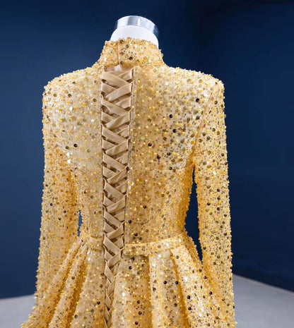 Sparkly Gold High Neck Prom Dresses with Long Sleeves 67271 viniodress-prom dresses 2025 -Viniodress-Gold-Custom Size-