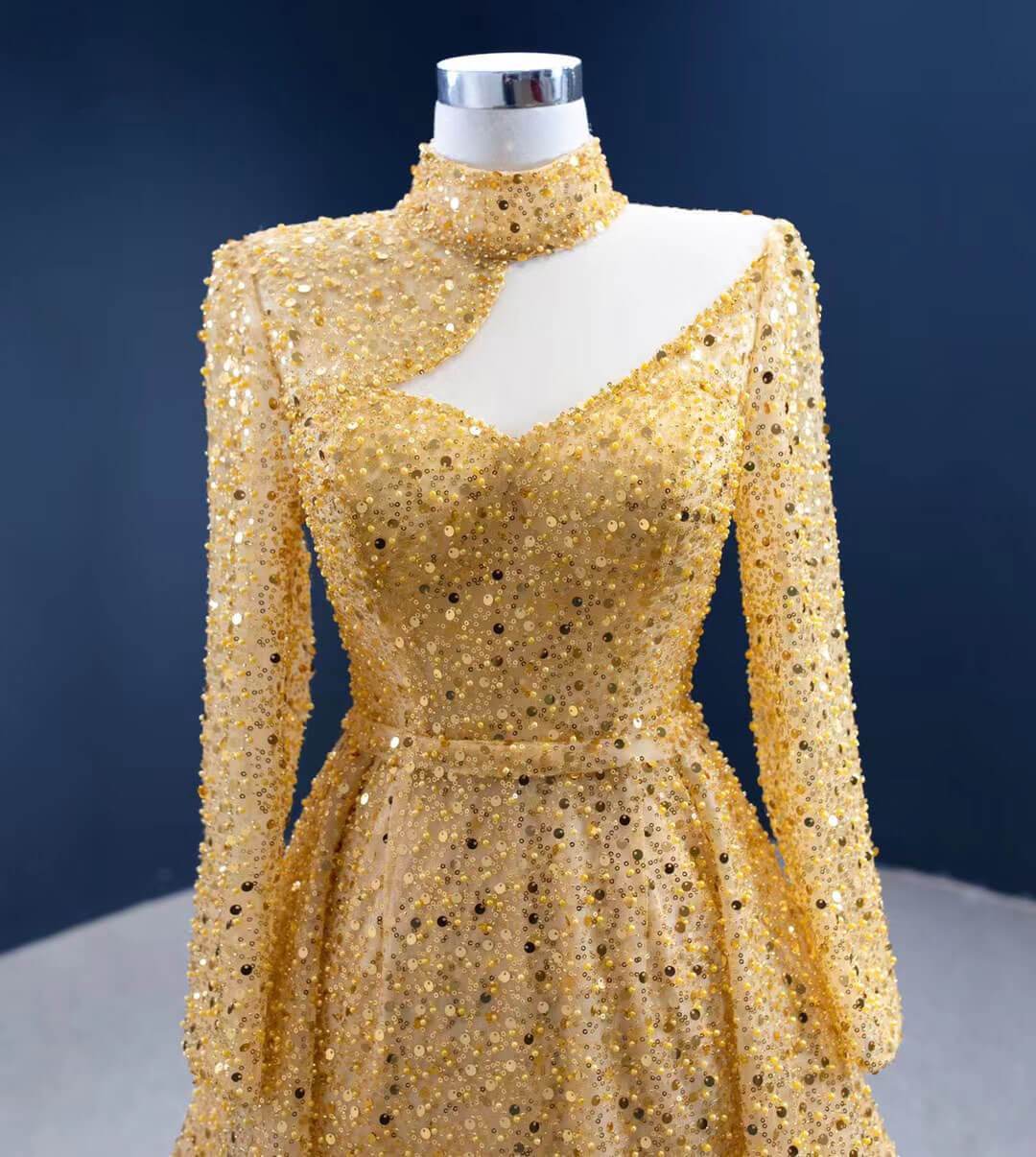 Sparkly Gold High Neck Prom Dresses with Long Sleeves 67271 viniodress-prom dresses 2025 -Viniodress-Gold-Custom Size-