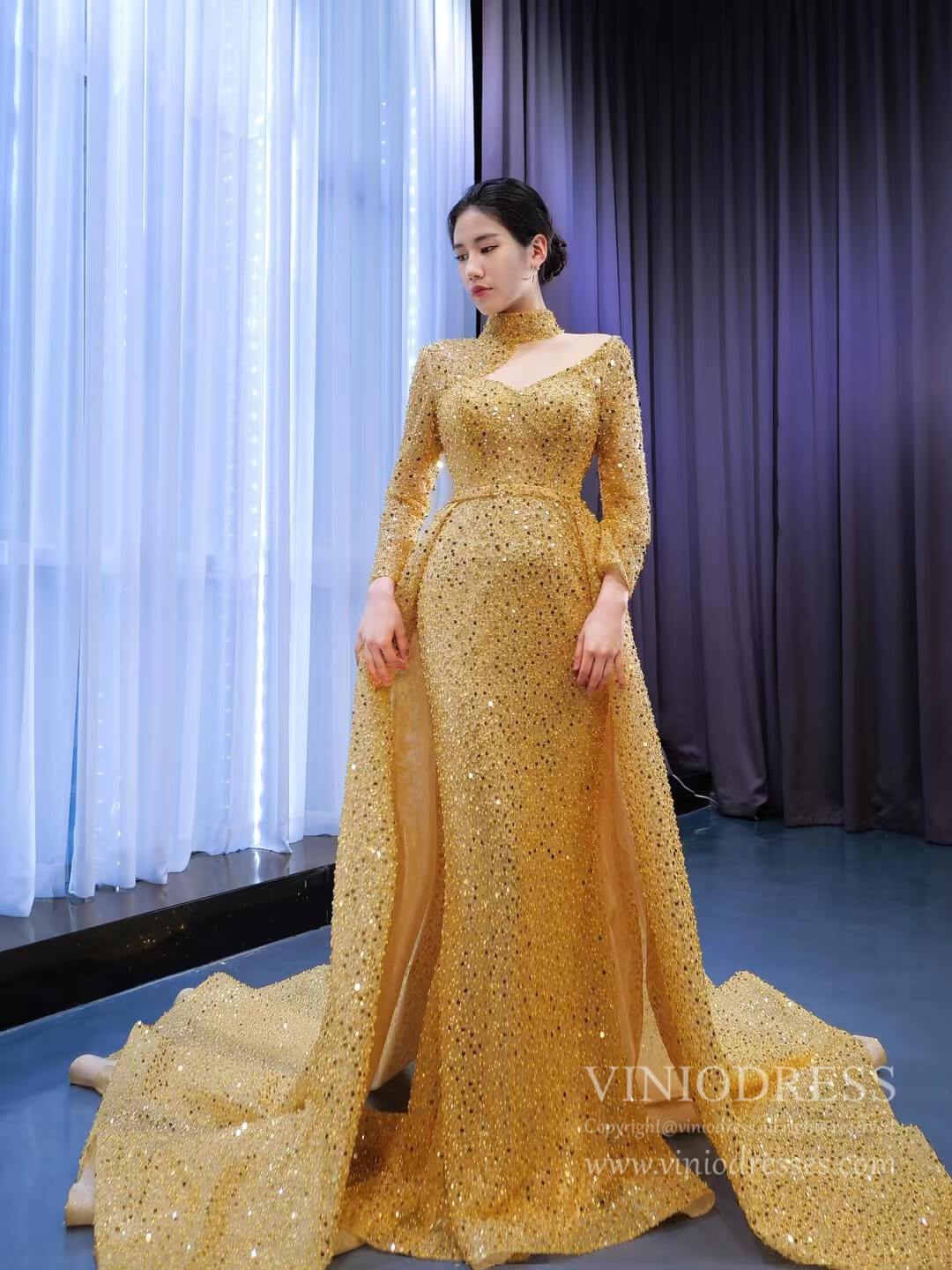 Sparkly Gold High Neck Prom Dresses with Long Sleeves 67271 viniodress-prom dresses 2025 -Viniodress-Gold-Custom Size-