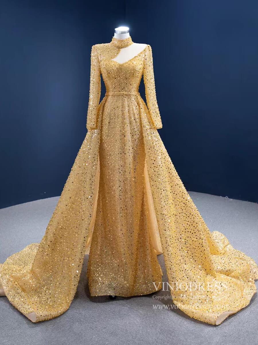 Prom Dress 2025 Sparkly Gold High Neck Prom Dresses with Long Sleeves 67271 viniodress-unique prom dresses-Gold-Custom Size-Viniodress