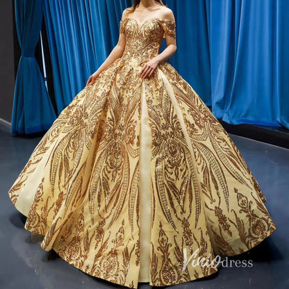 Sparkly Gold Lace Ball Gowns Off the Shoulder Prom Dresses 66709 viniodress-Quinceanera Dresses 2025 -Viniodress-Gold-Custom Size-