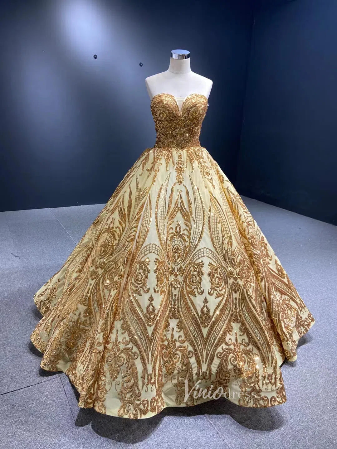 Sparkly Gold Lace Ball Gowns Off the Shoulder Prom Dresses 66709 viniodress-Quinceanera Dresses 2025 -Viniodress-Gold-Custom Size-