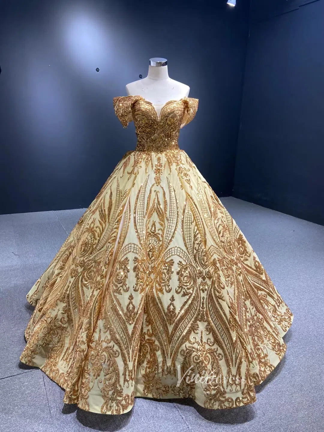 Sparkly Gold Lace Ball Gowns Off the Shoulder Prom Dresses 66709 vinio Viniodress Sparkly Gold Lace Ball Gowns Off the Shoulder Prom Dresses 66709 vinio Viniodress