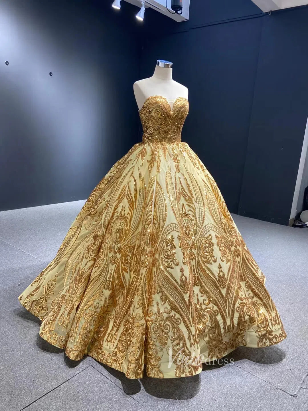 Sparkly Gold Lace Ball Gowns Off the Shoulder Prom Dresses 66709 viniodress-Quinceanera Dresses 2025 -Viniodress-Gold-Custom Size-