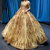 Sparkly Gold Lace Ball Gowns Off the Shoulder Prom Dresses 66709 viniodress-Quinceanera Dresses-Viniodress-Viniodress