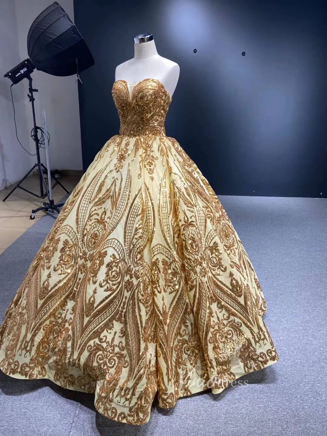 Sparkly Gold Lace Ball Gowns Off the Shoulder Prom Dresses 66709 viniodress-Quinceanera Dresses-Viniodress-Viniodress