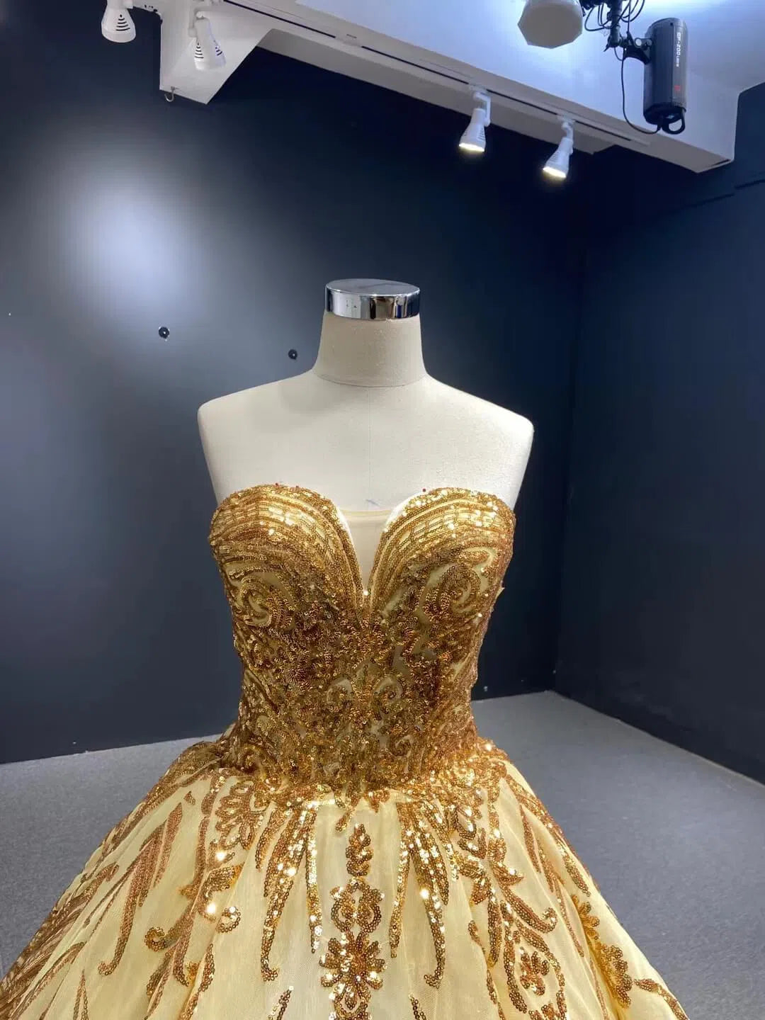 Sparkly Gold Lace Ball Gowns Off the Shoulder Prom Dresses 66709 viniodress-Quinceanera Dresses-Viniodress-Viniodress