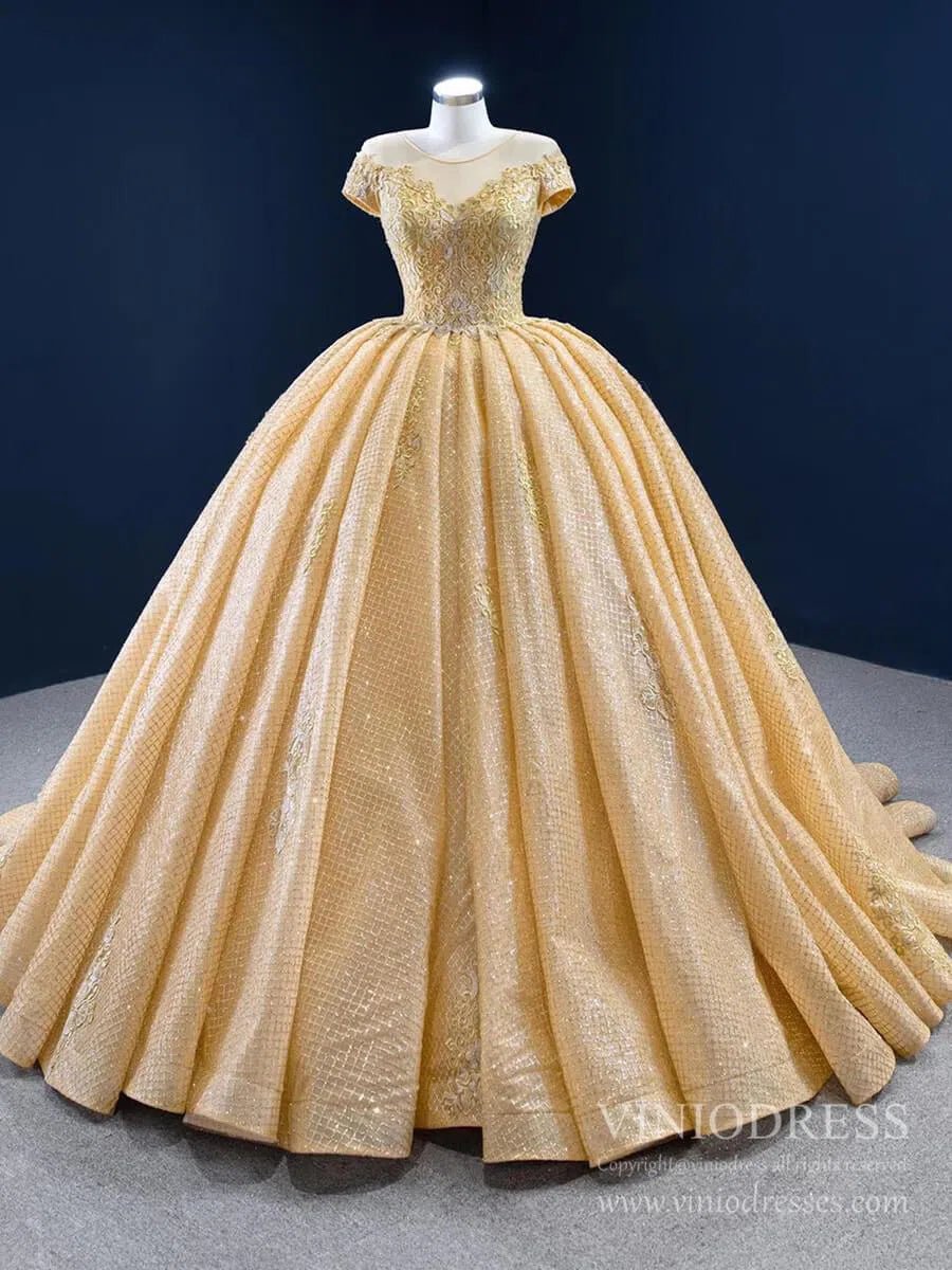 Sparkly Gold Lace Quince Dress Cap Sleeve Ball Gown Prom Princess Dress 67217 viniodress-Quinceanera Dresses 2025 -Viniodress-As Picture-Custom Size-