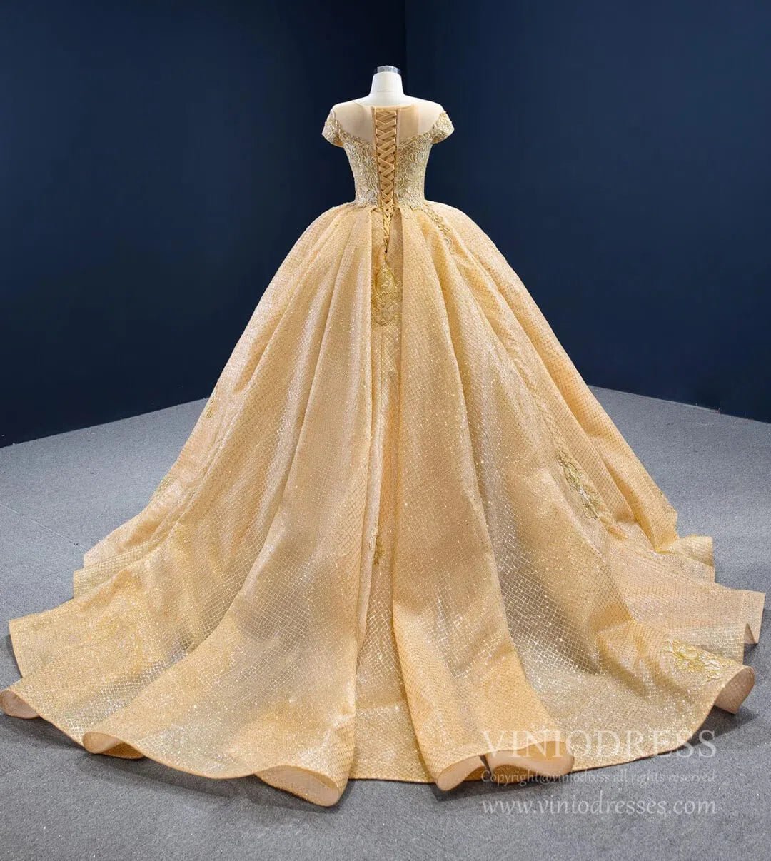 Sparkly Gold Lace Quince Dress Cap Sleeve Ball Gown Prom Princess Dress 67217 viniodress-Quinceanera Dresses 2025 -Viniodress-As Picture-Custom Size-