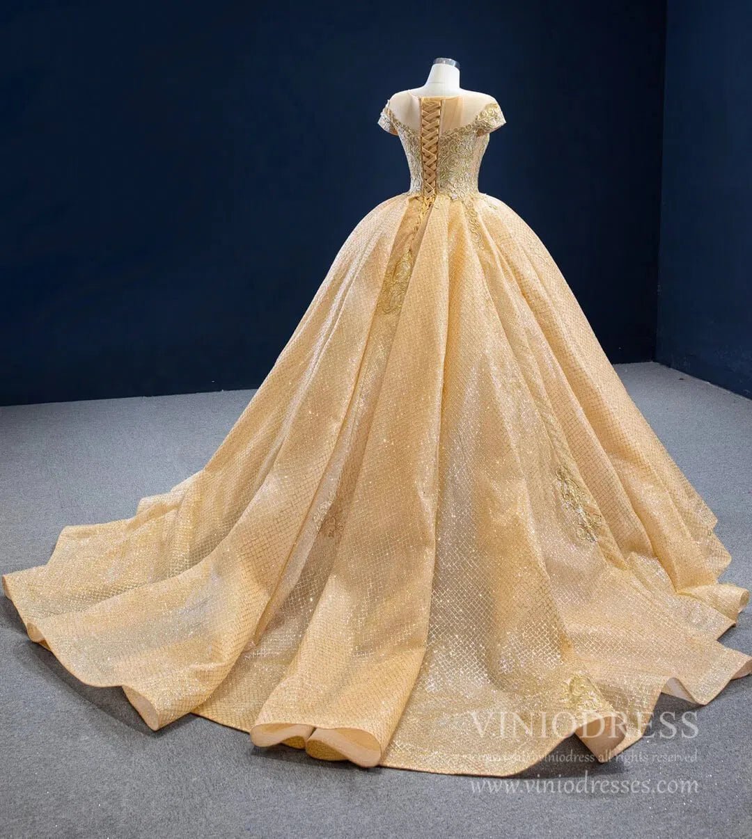 Sparkly Gold Lace Quince Dress Cap Sleeve Ball Gown Prom Princess Dres – Viniodress Sparkly Gold Lace Quince Dress Cap Sleeve Ball Gown Prom Princess Dres – Viniodress