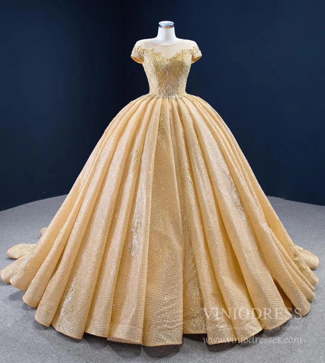 Sparkly Gold Lace Quince Dress Cap Sleeve Ball Gown Prom Princess Dress 67217 viniodress-Quinceanera Dresses 2025 -Viniodress-As Picture-Custom Size-