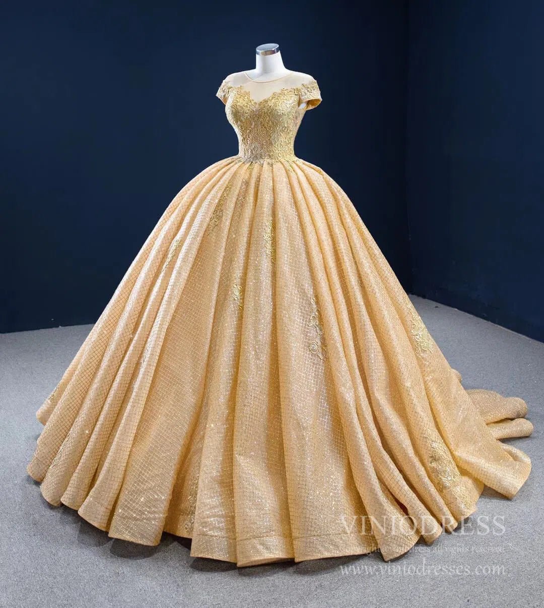 Sparkly Gold Lace Quince Dress Cap Sleeve Ball Gown Prom Princess Dress 67217 viniodress-Quinceanera Dresses 2025 -Viniodress-As Picture-Custom Size-