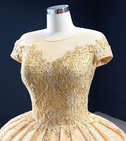 Sparkly Gold Lace Quince Dress Cap Sleeve Ball Gown Prom Princess Dress 67217 viniodress-Quinceanera Dresses 2025 -Viniodress-As Picture-Custom Size-