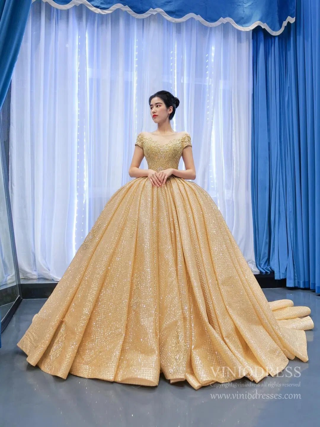Sparkly Gold Lace Quince Dress Cap Sleeve Ball Gown Prom Princess Dress 67217 viniodress-Quinceanera Dresses 2025 -Viniodress-As Picture-Custom Size-