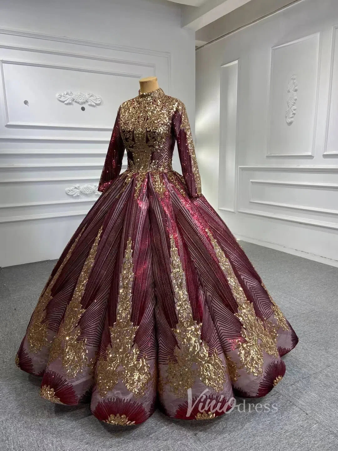 Sparkly Gold Long Sleeve Wedding Dress High Neck 66754 Burgundy Viniodress Sparkly Gold Long Sleeve Wedding Dress High Neck 66754 Burgundy Viniodress