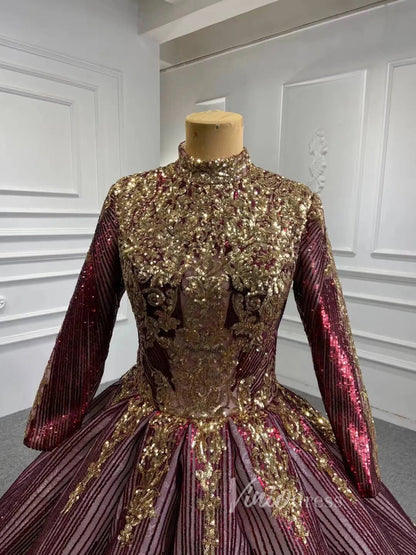 Sparkly Gold Long Sleeve Wedding Dress High Neck 66754 Burgundy-prom dresses 2025 -Viniodress-Burgundy-US 2-