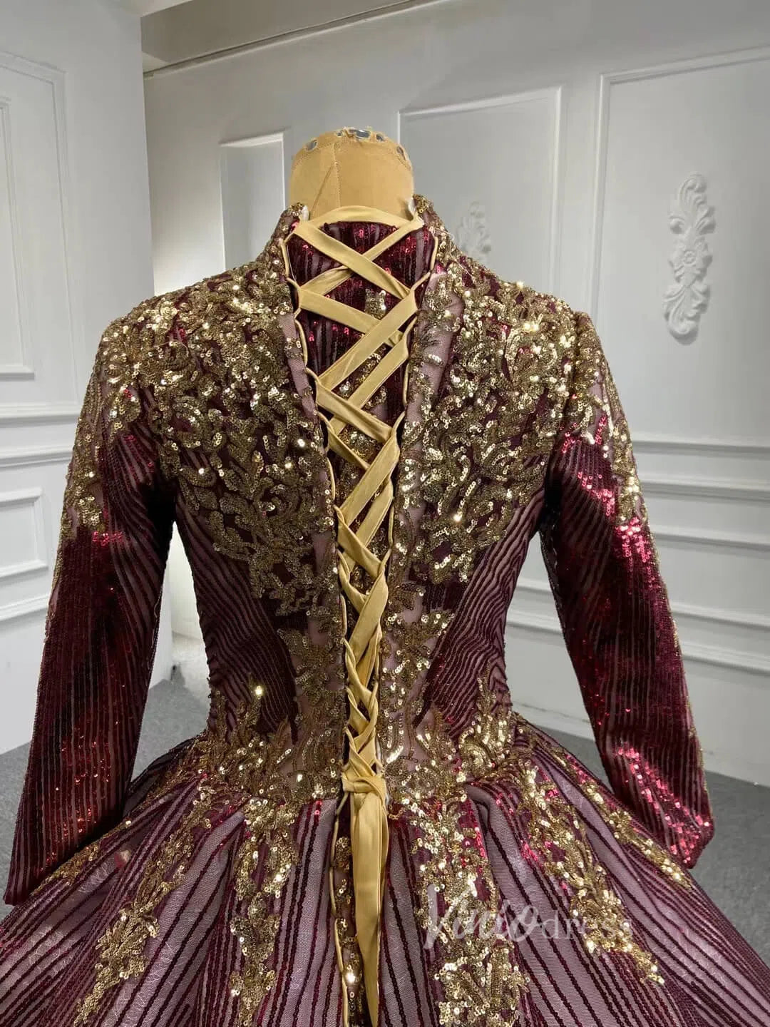 Sparkly Gold Long Sleeve Wedding Dress High Neck 66754 Burgundy-prom dresses 2025 -Viniodress-Burgundy-US 2-